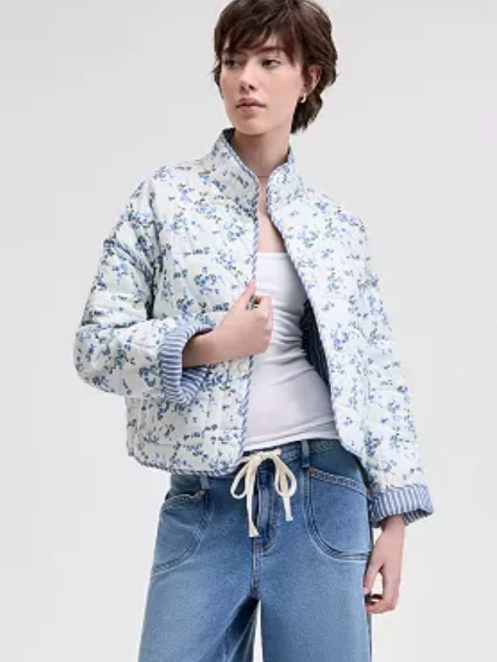AND NOW THIS Light Blue Floral And Striped Quilted Reversible Jacket